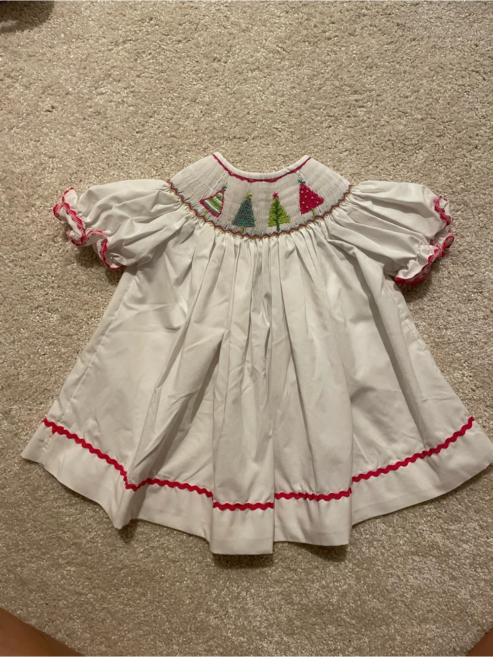 White Holiday Smocked Dress with Pink Trim
